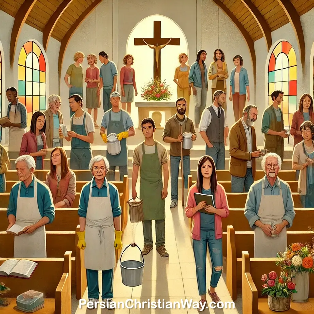 گروهی از افراد با چهره‌های واضح و زیبا در کلیسای روشن، هرکدام در حال انجام مسئولیت‌های خود، با حس گرما و شادی.