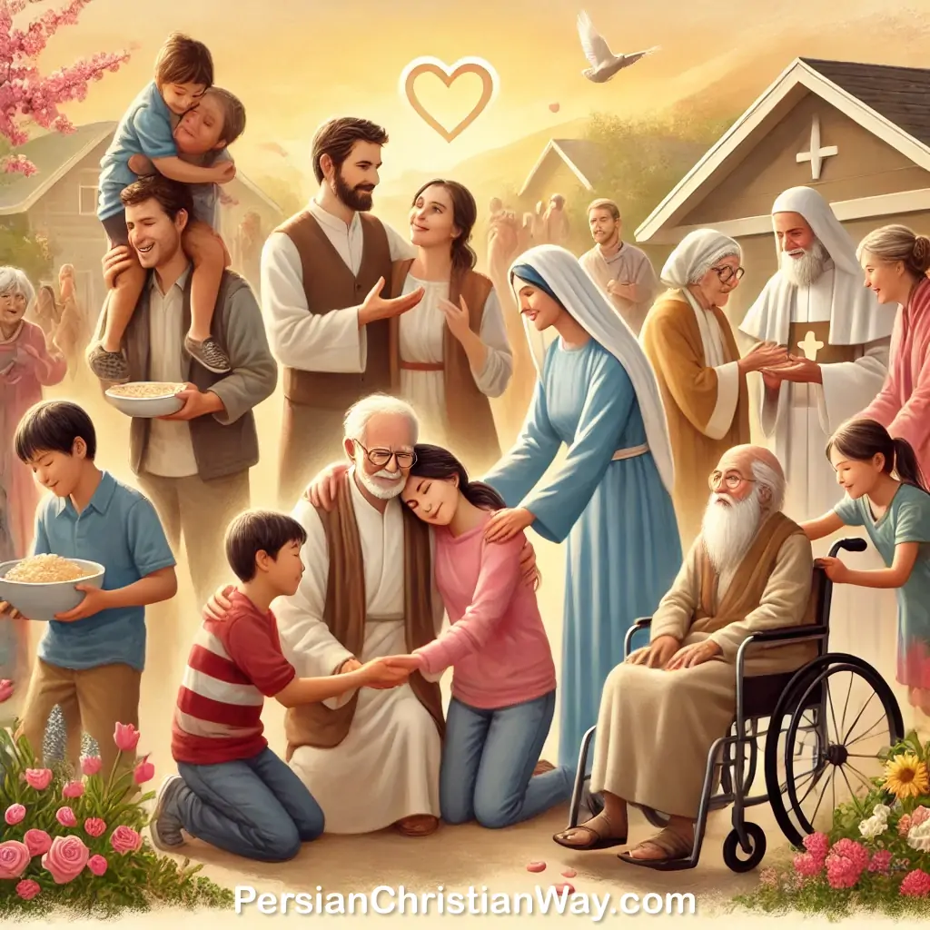 گروهی از افراد در محله‌ای آرام، در حال کمک و مراقبت از یکدیگر، نمادی از محبت مسیحی در زندگی روزمره.